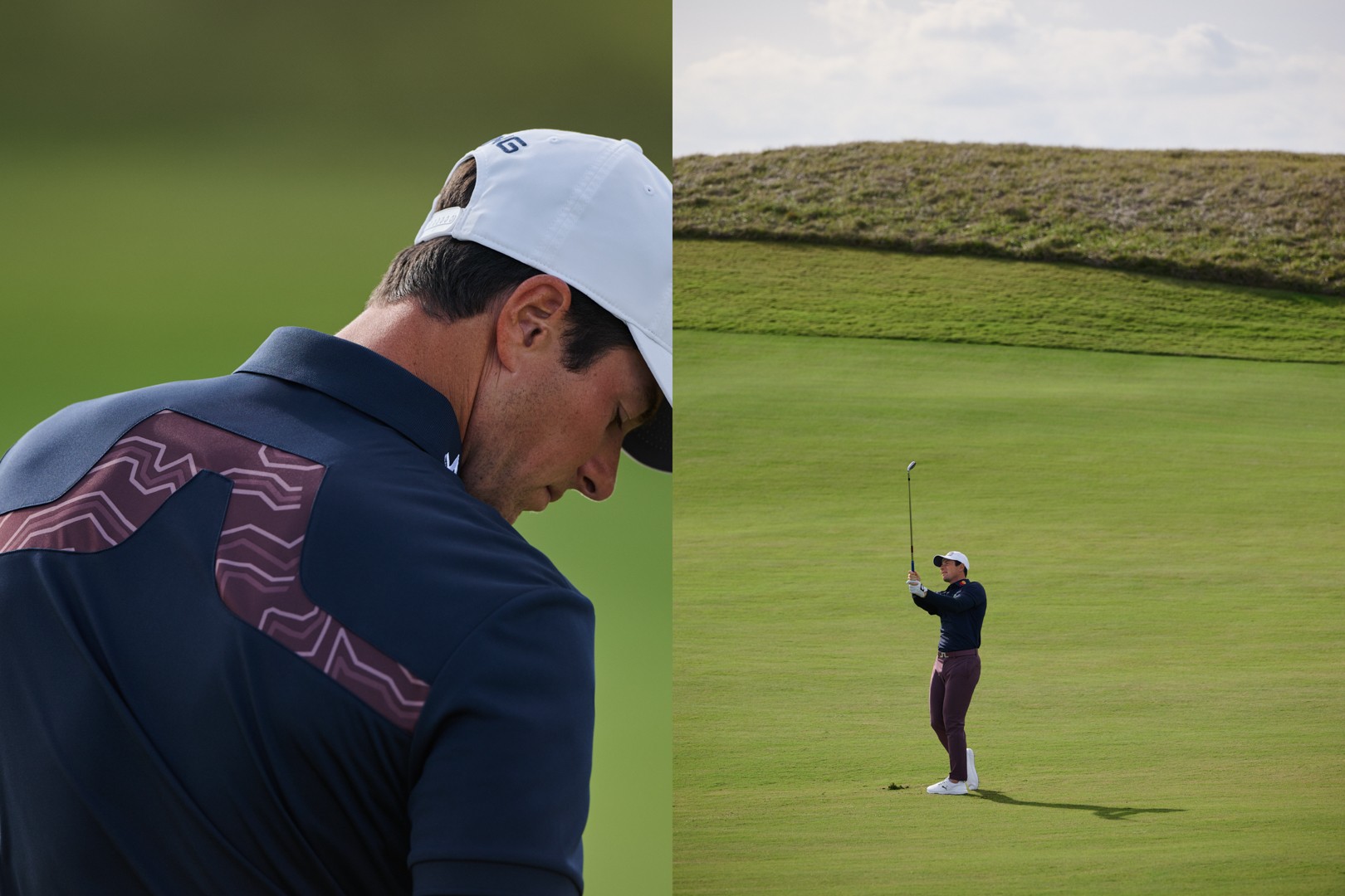 Golfer close-up in a navy J.LINDEBERG polo, paired with a fairway shot