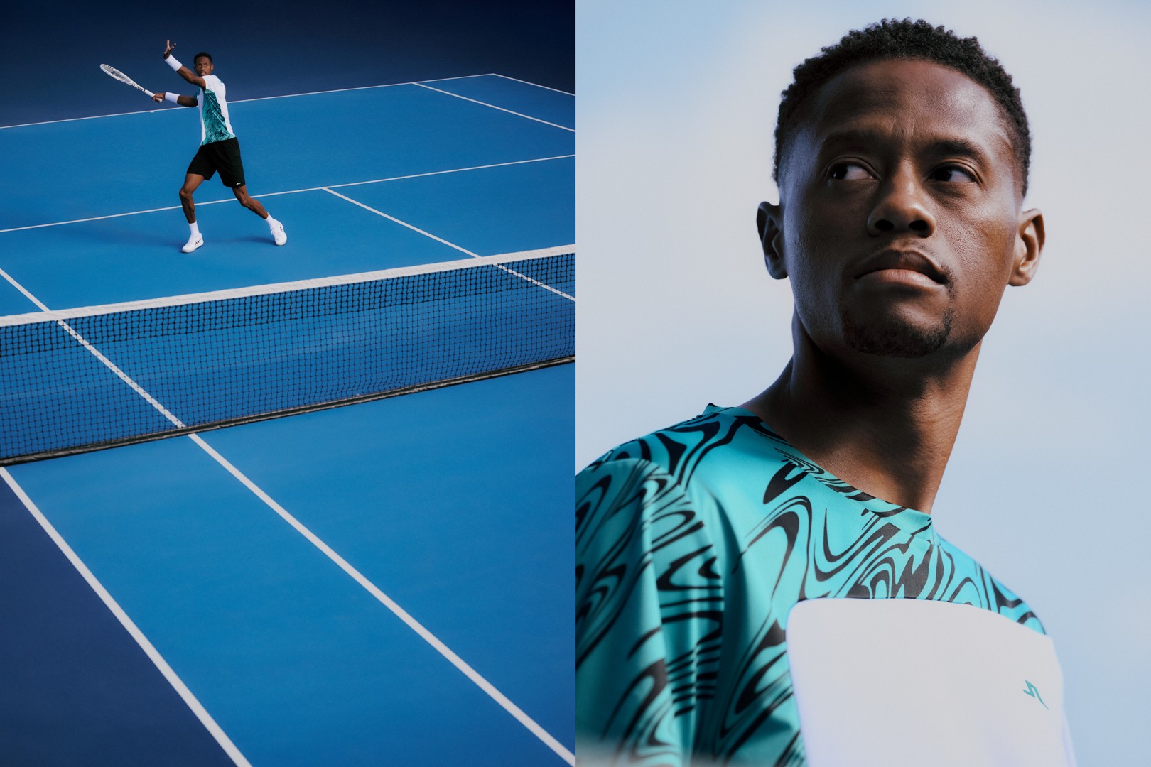 Tennis player on a blue court, paired with a portrait in a teal printed J.LINDEBERG top