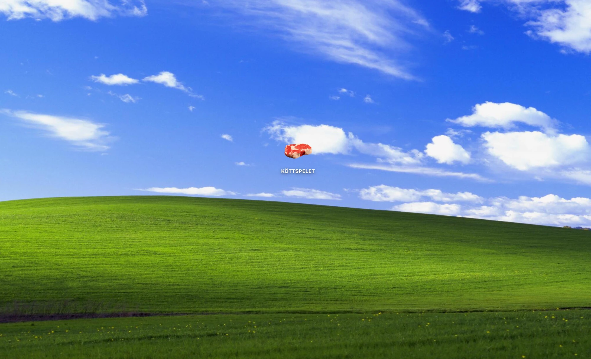 Köttspelet artwork: a pixelated steak floating above a green hill under a blue sky