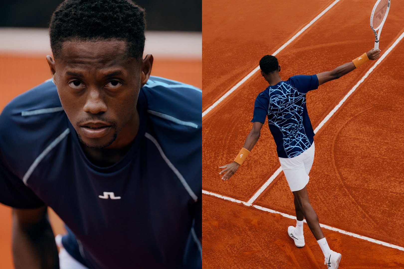 Tennis player portrait on clay, paired with a view from behind on court