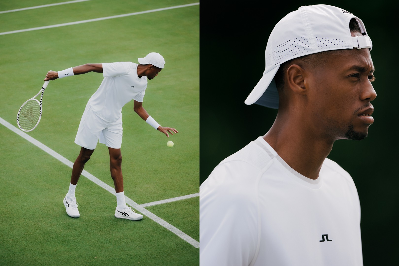 Tennis player on a grass court, paired with a close-up in a white J.LINDEBERG cap